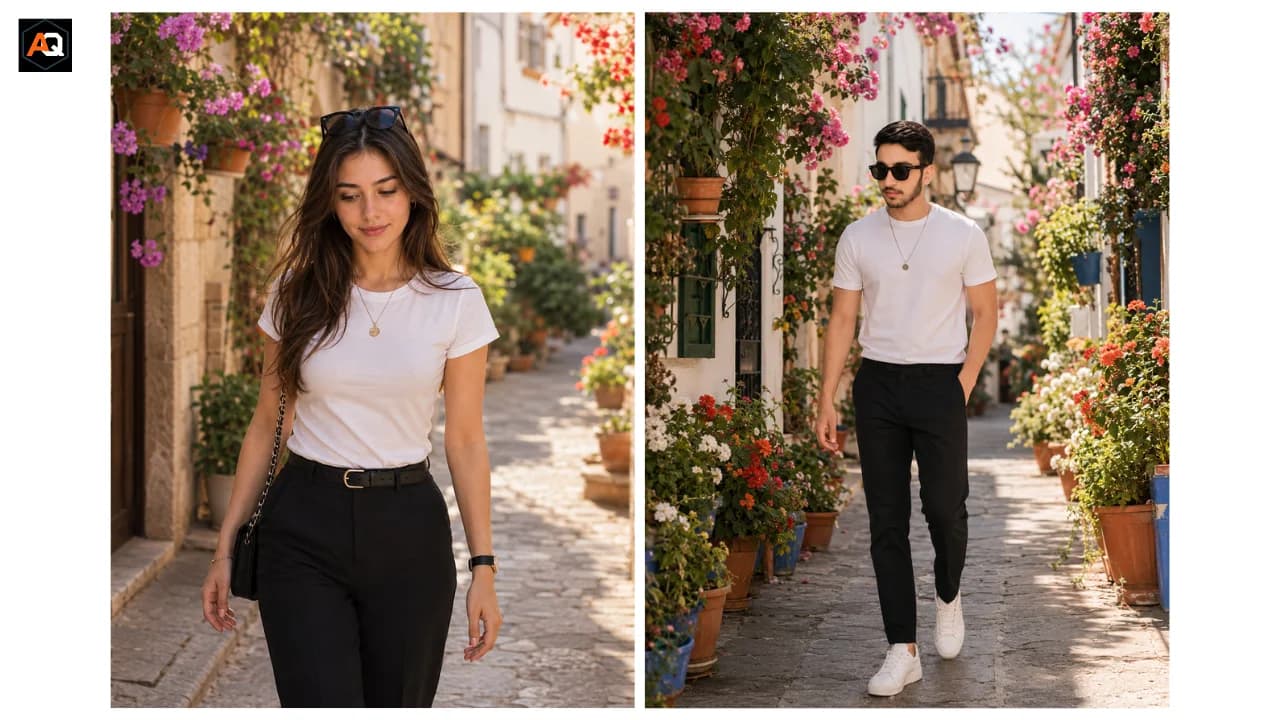Realistic AI travel portrait walking through a narrow Mediterranean street covered with colorful flowers.