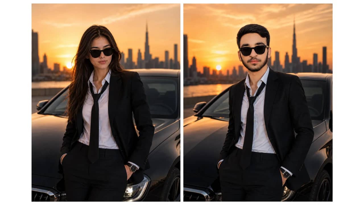 Luxury businessman AI portrait leaning against a black luxury sedan during golden hour.