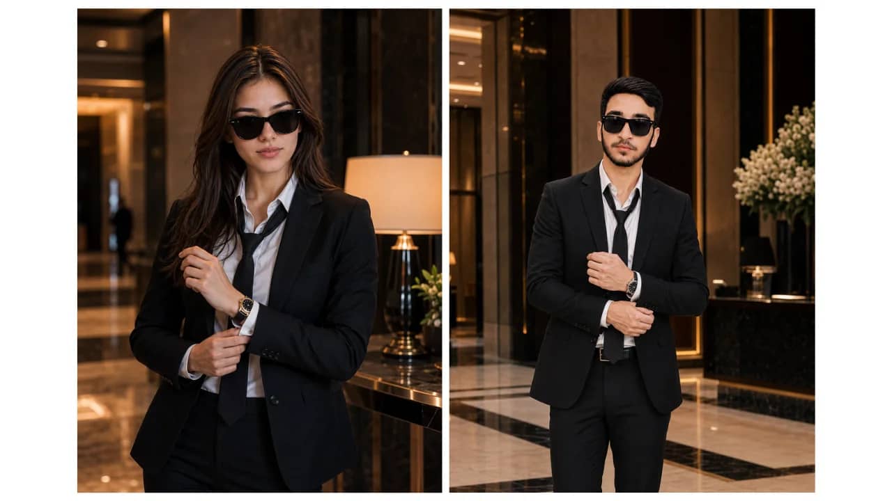 Luxury businessman AI portrait adjusting cufflinks inside a premium hotel lobby.