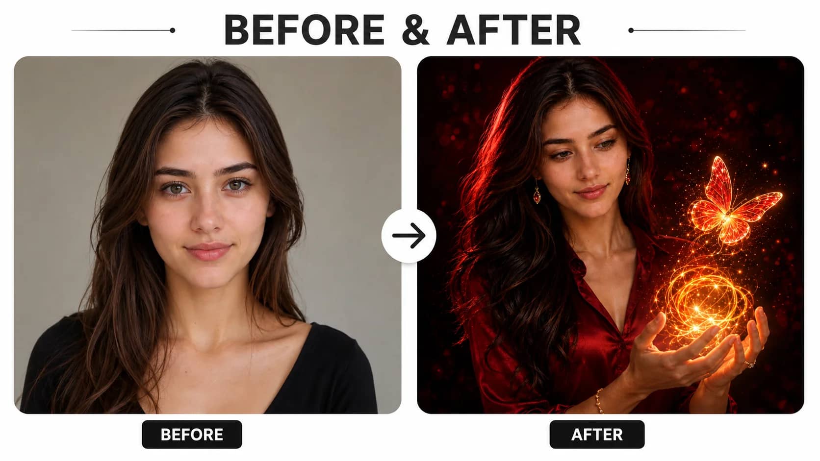 Before and after magical energy sphere and butterfly AI portrait