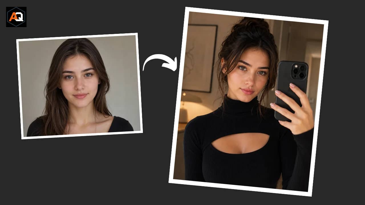 Luxury Instagram mirror selfie AI portrait of a young woman in a minimalist apartment with shallow depth of field and soft warm lighting