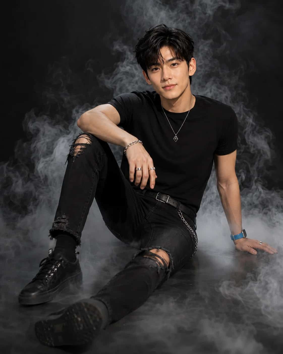 Cinematic Smoke Floor Pose Male Portrait AI Prompt