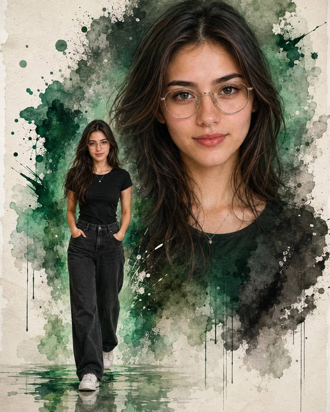 Green Watercolor Double Portrait Fashion Poster AI Prompt AI generated prompt preview