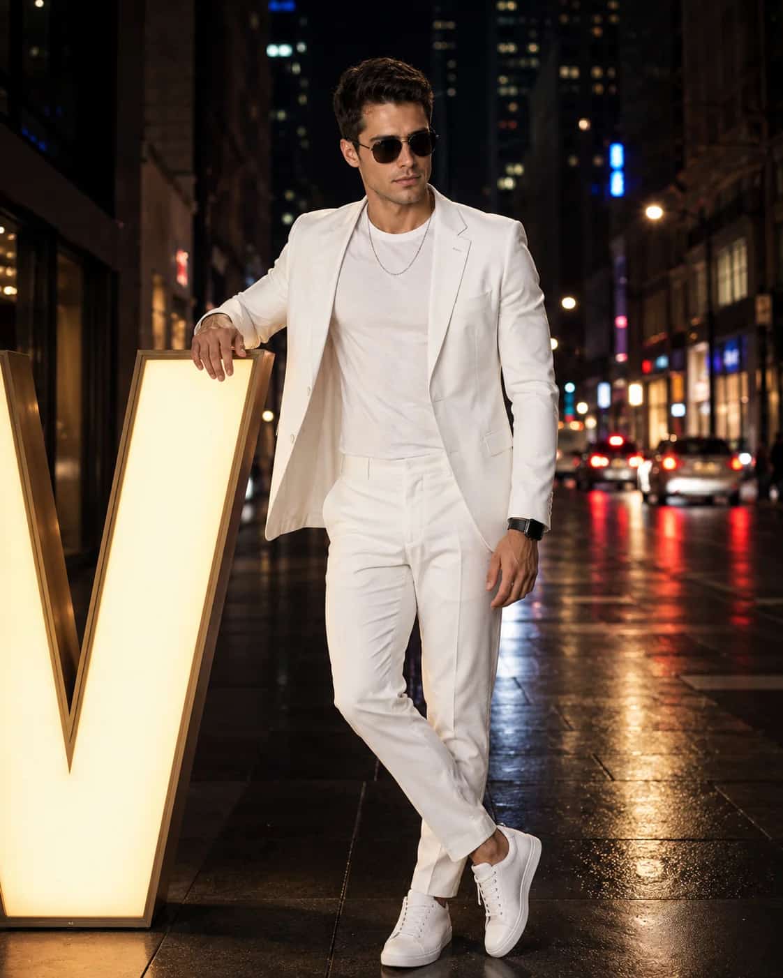 Night City All-White Businessman Portrait AI Prompt