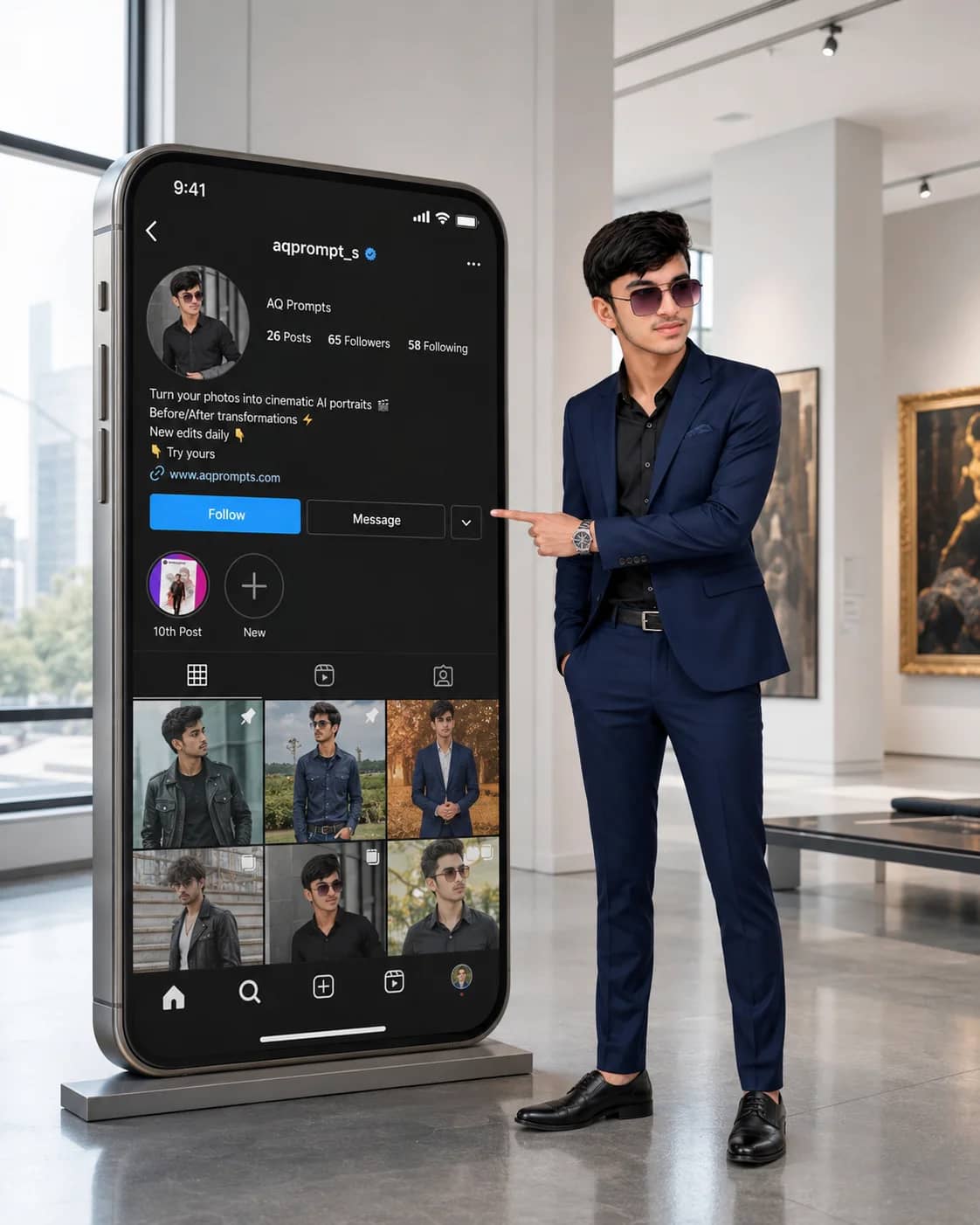 Luxury Art Gallery Instagram Follow Call to Action Portrait Prompt AI generated prompt preview