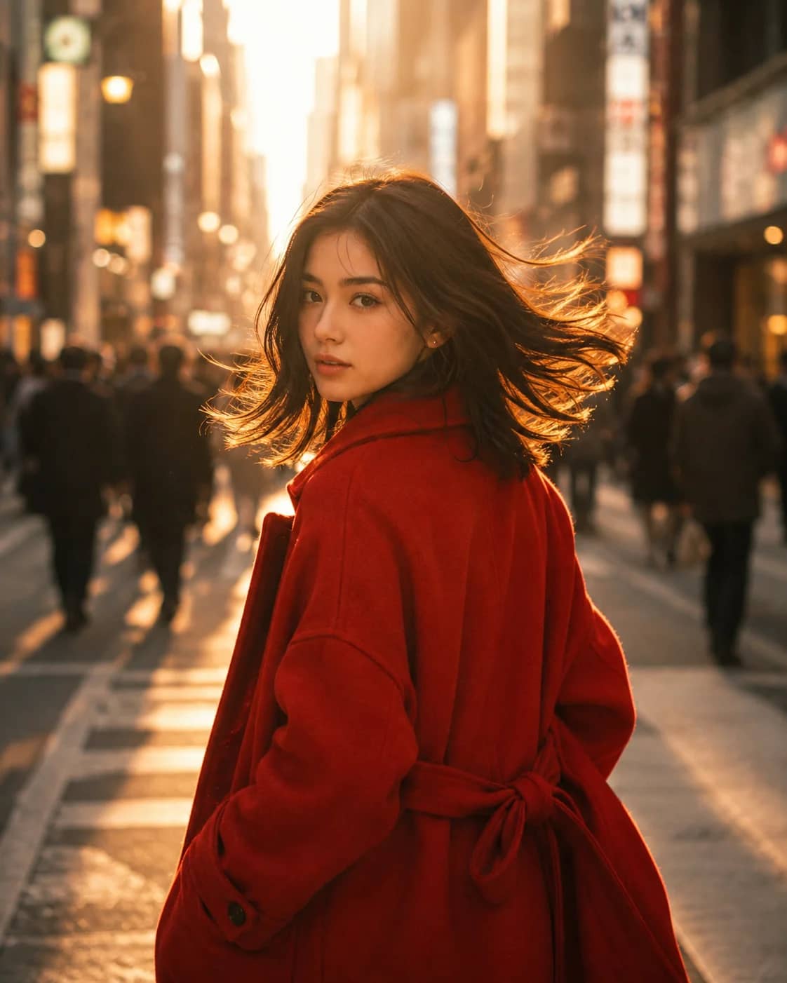 Crimson Wool Trench Coat Sunset Tokyo Street Prompt AI generated prompt preview