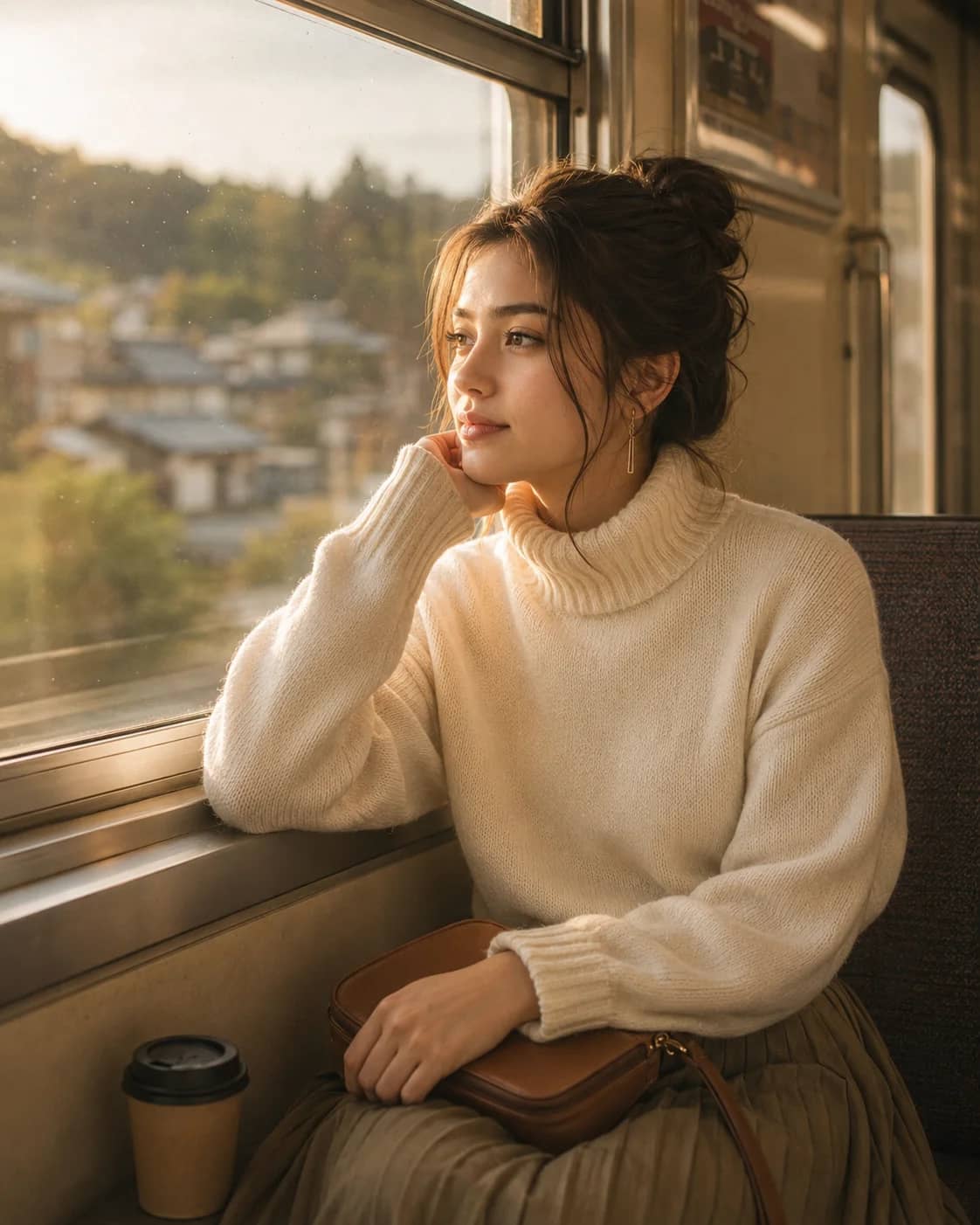 Knit Turtleneck Train Window Sunlight Portrait Prompt AI generated prompt preview