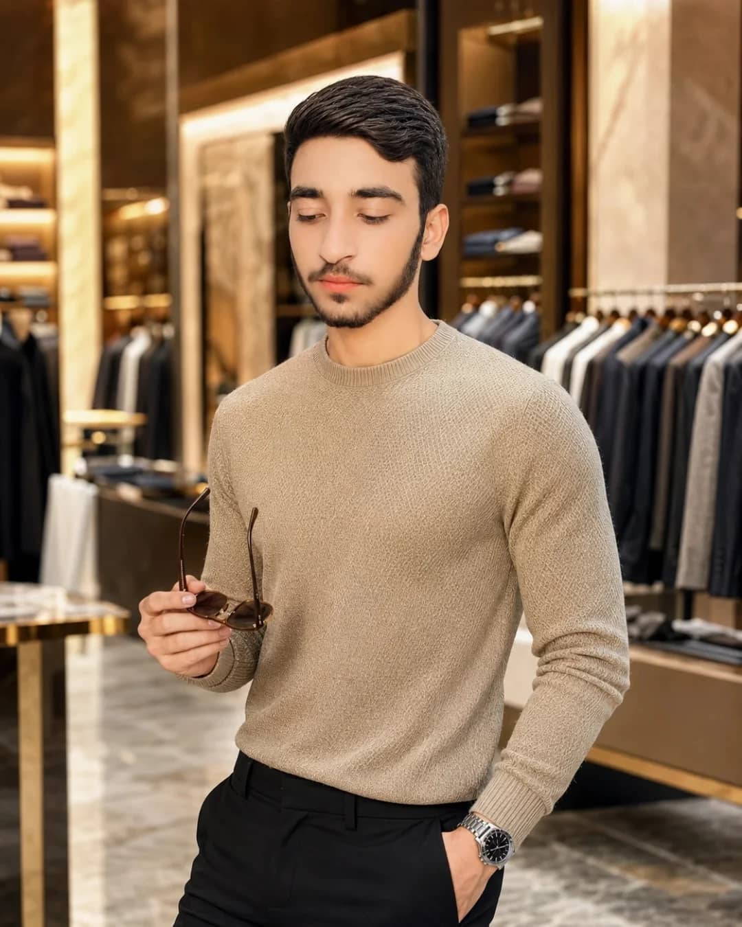 Luxury Marble Wall Beige Knit Sweater Fashion Prompt AI generated prompt preview