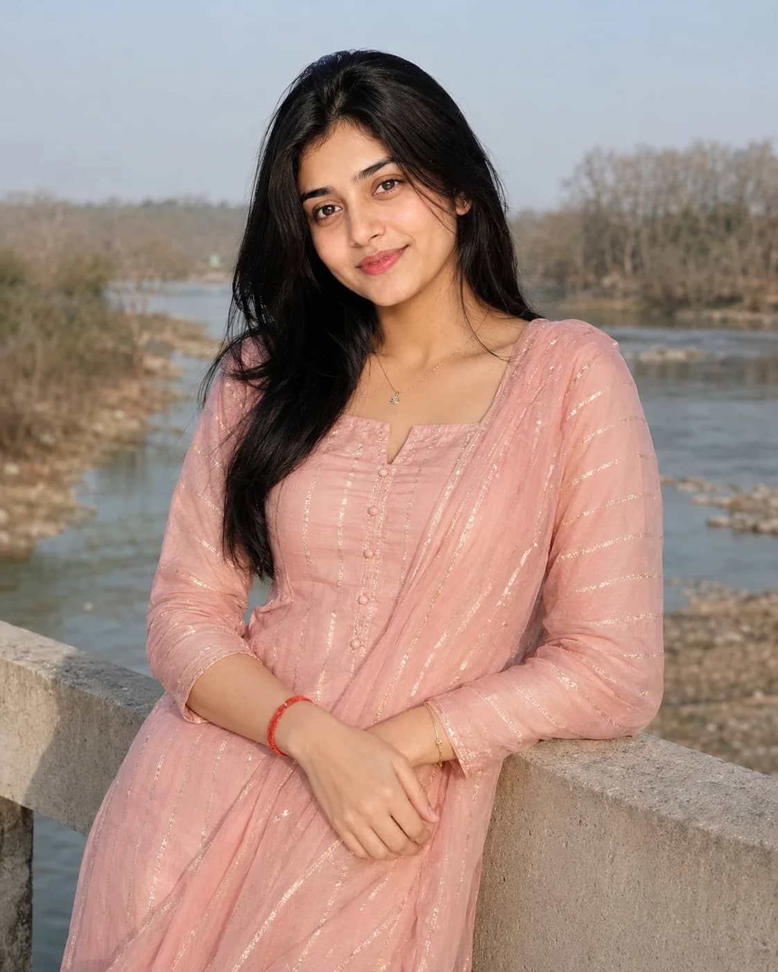 Aesthetic Pastel Pink Kurta Riverfront Female Portrait AI generated prompt preview