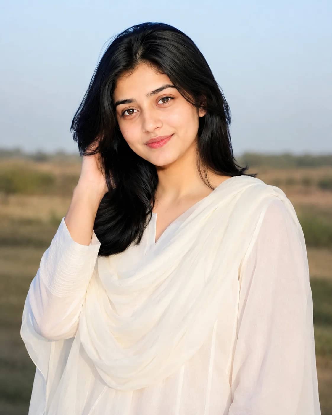 Minimalist White Kurta Golden Hour Female Portrait AI generated prompt preview