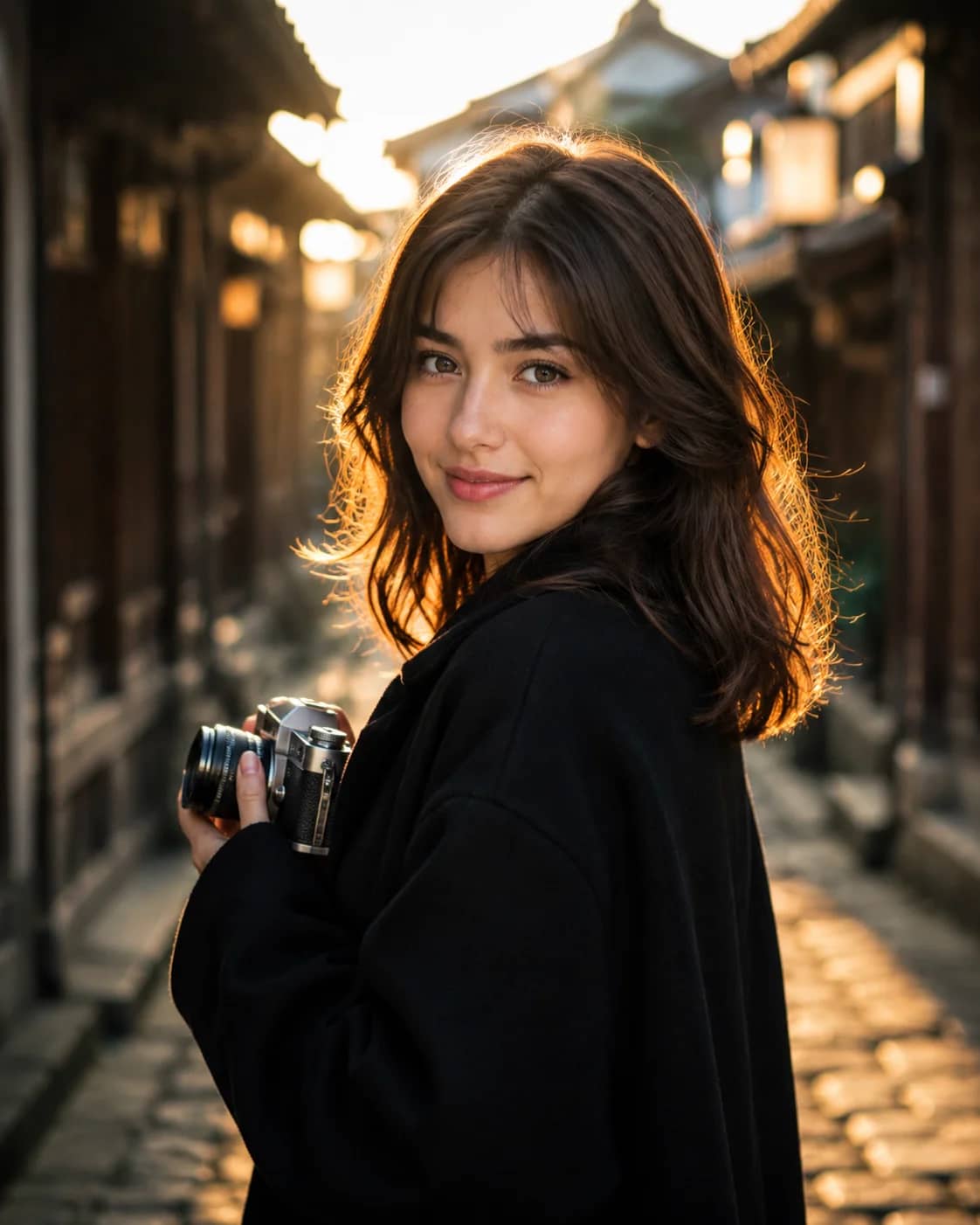 Vintage Film Camera Alleyway Golden Hour Portrait Prompt AI generated prompt preview