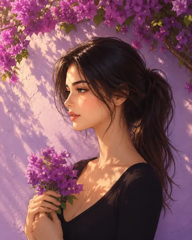 Anime Style Lavender Wall Art Floral Portrait Prompt