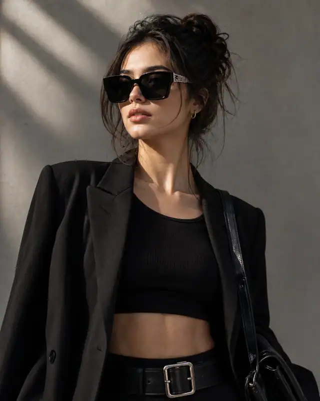 Black Cropped Top Embellished Sunglasses Grey Wall Prompt
