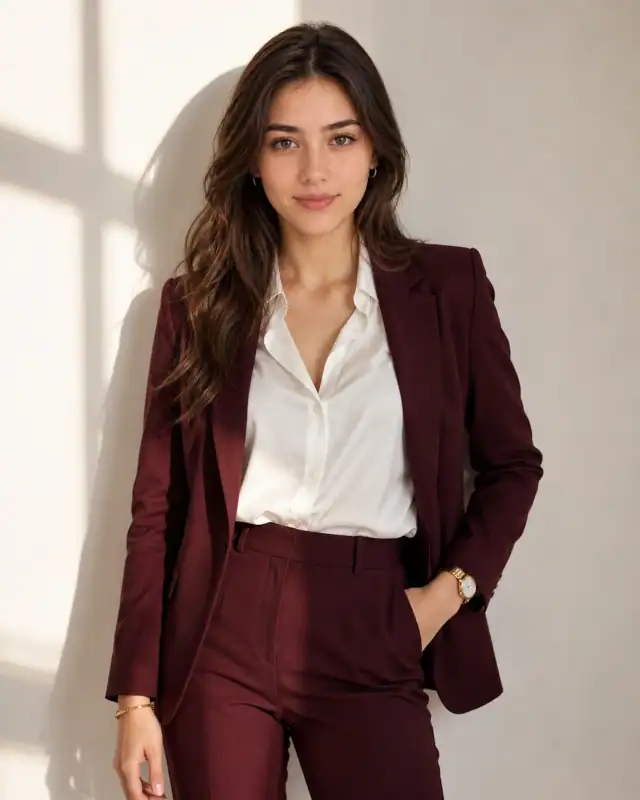 Burgundy Tailored Power Suit Studio Editorial Prompt