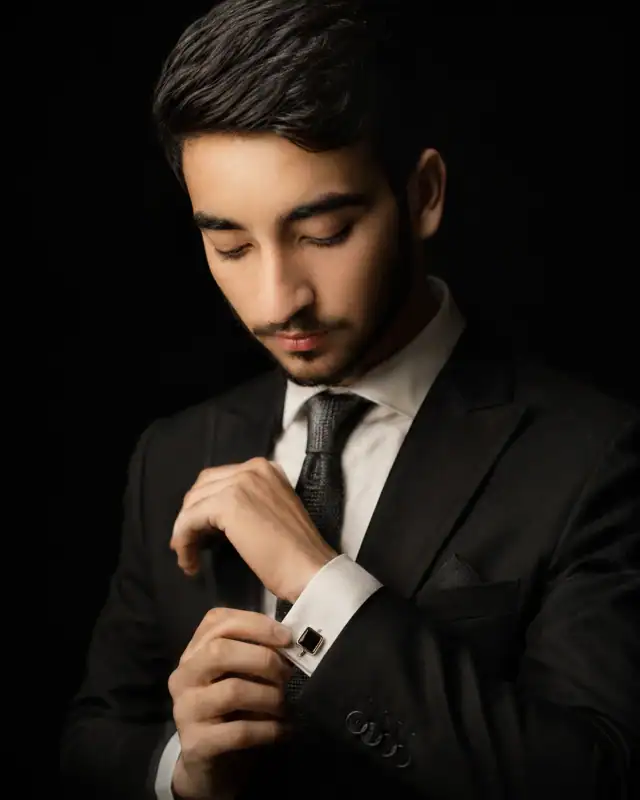 Charcoal Suit Silver Cufflink Grooming Portrait Prompt