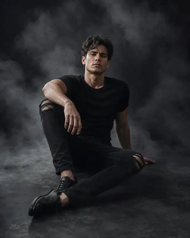 Cinematic Smoke Floor Pose Male Portrait AI Prompt