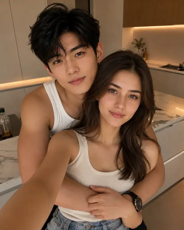 Cozy Kitchen K-Drama Couple Selfie Portrait
