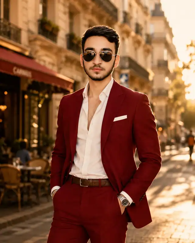 Deep Crimson Red Luxury Suit European Street Prompt