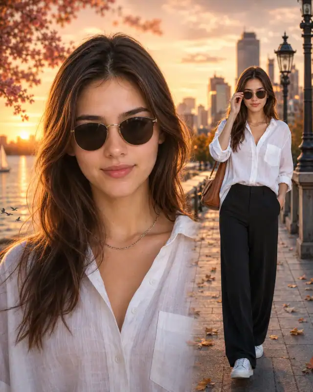 Dual Composition Golden Hour Promenade Editorial Prompt