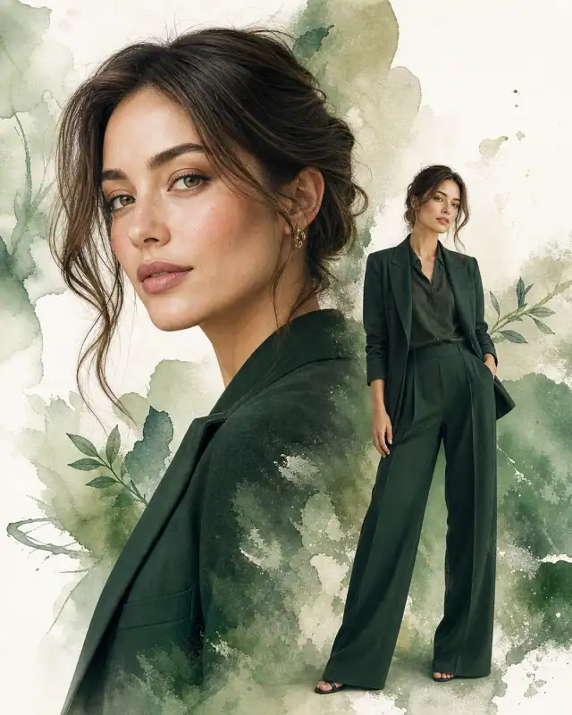 Green Watercolor Double Portrait Fashion Poster AI Prompt