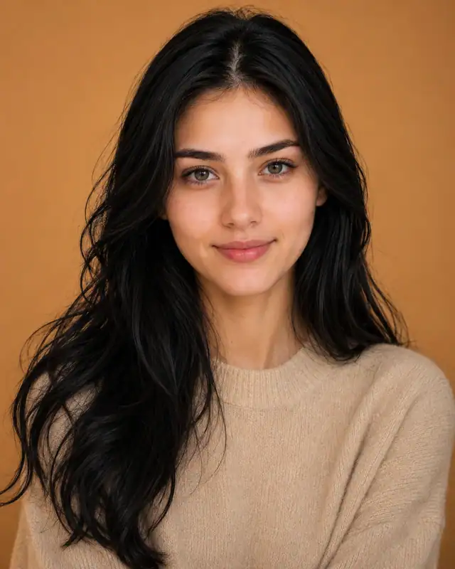 Jet Black Hair Cashmere Sweater Studio Portrait Prompt