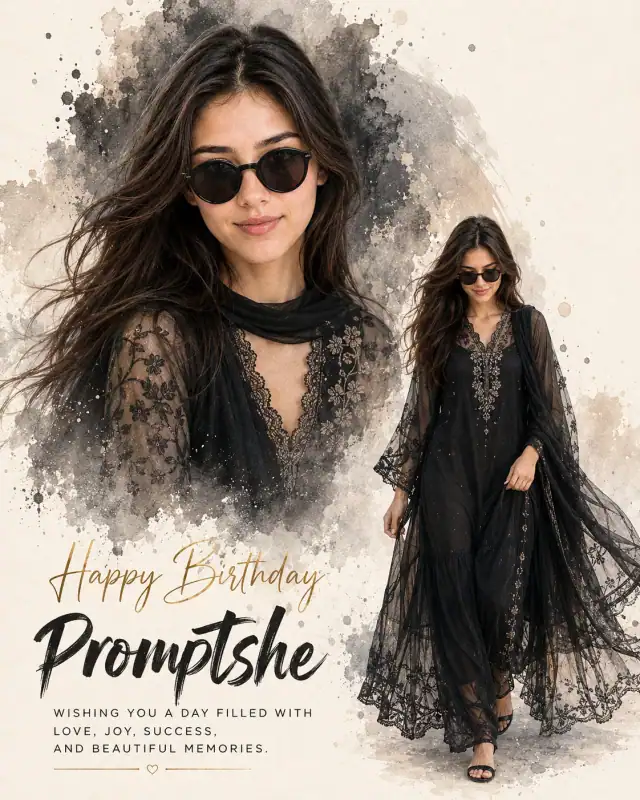 Luxury Black Maxi Dress Birthday Watercolor Splash Prompt