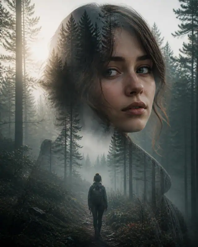 Misty Forest Double-Exposure Portrait AI Prompt