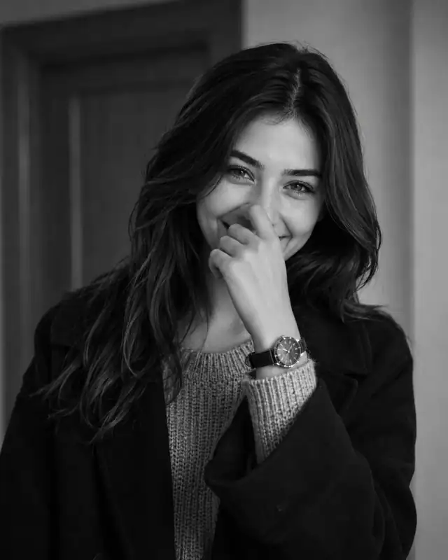 Monochrome Candid Shy Laughing Chunky Knit Portrait Prompt