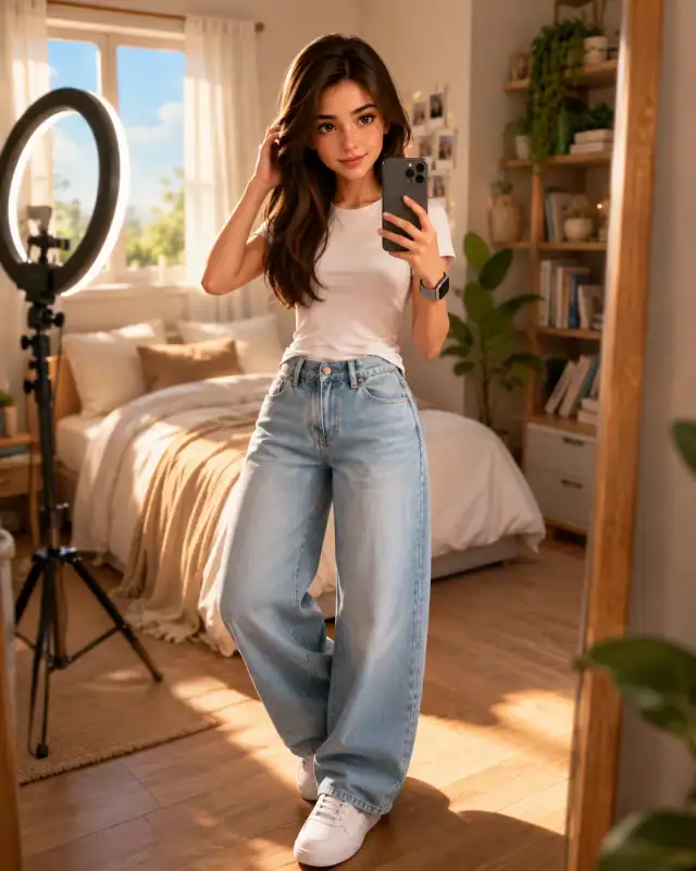 Pixar Style Mirror Selfie Content Creator Bedroom Prompt