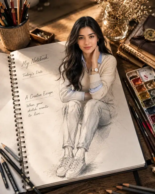 Sketch Escaping Notebook Magical Realism Prompt