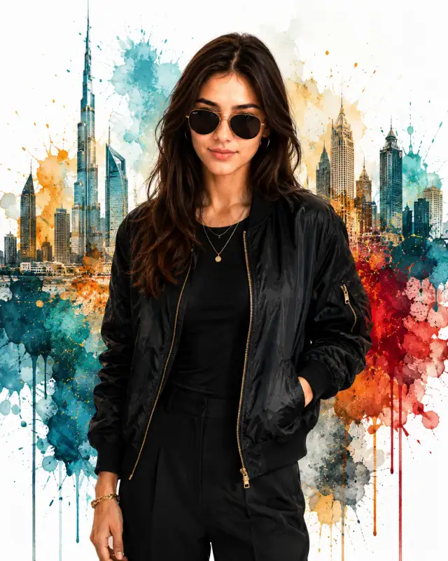 Vibrant Watercolor Skyline Bomber Jacket Portrait Prompt