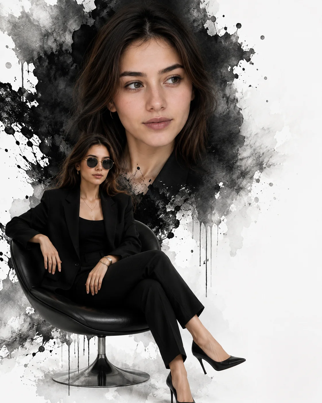 All Black Tailored Suit Magazine Splash Composition Prompt AI generated prompt preview