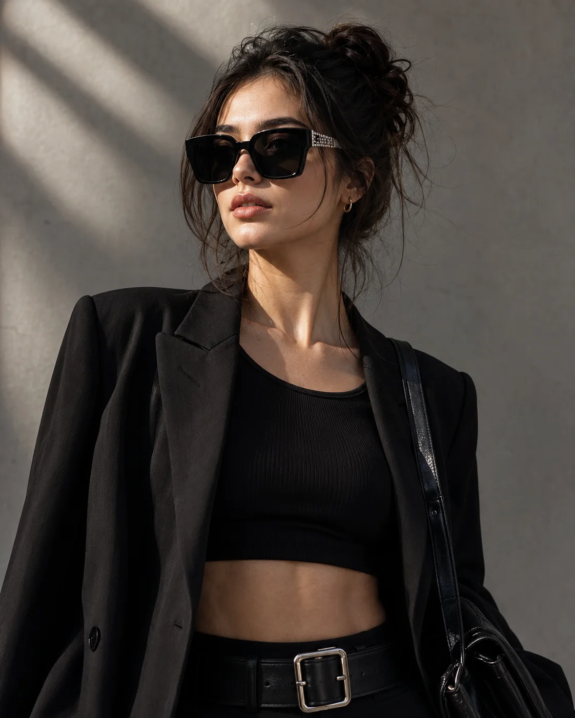 Black Cropped Top Embellished Sunglasses Grey Wall Prompt AI generated prompt preview