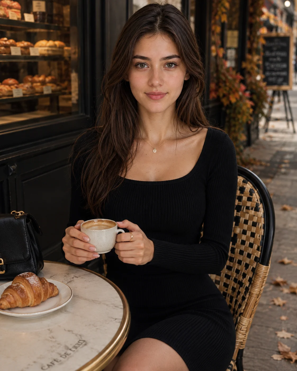 Black Fitted Knit Dress Outdoor Cafe Autumn Prompt AI generated prompt preview