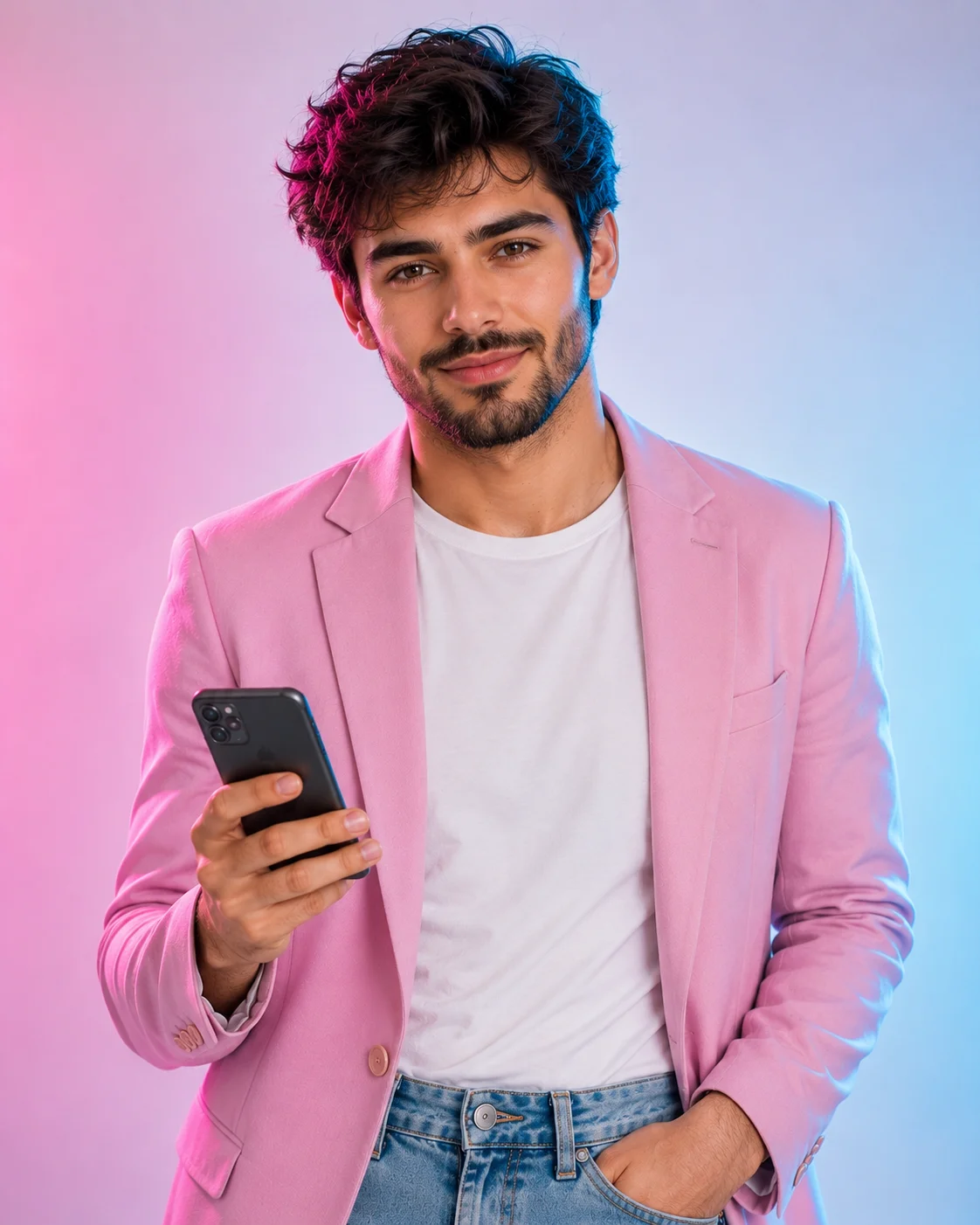 Blush Pink Blazer Cyan Rim Light Smartphone Portrait Prompt AI generated prompt preview