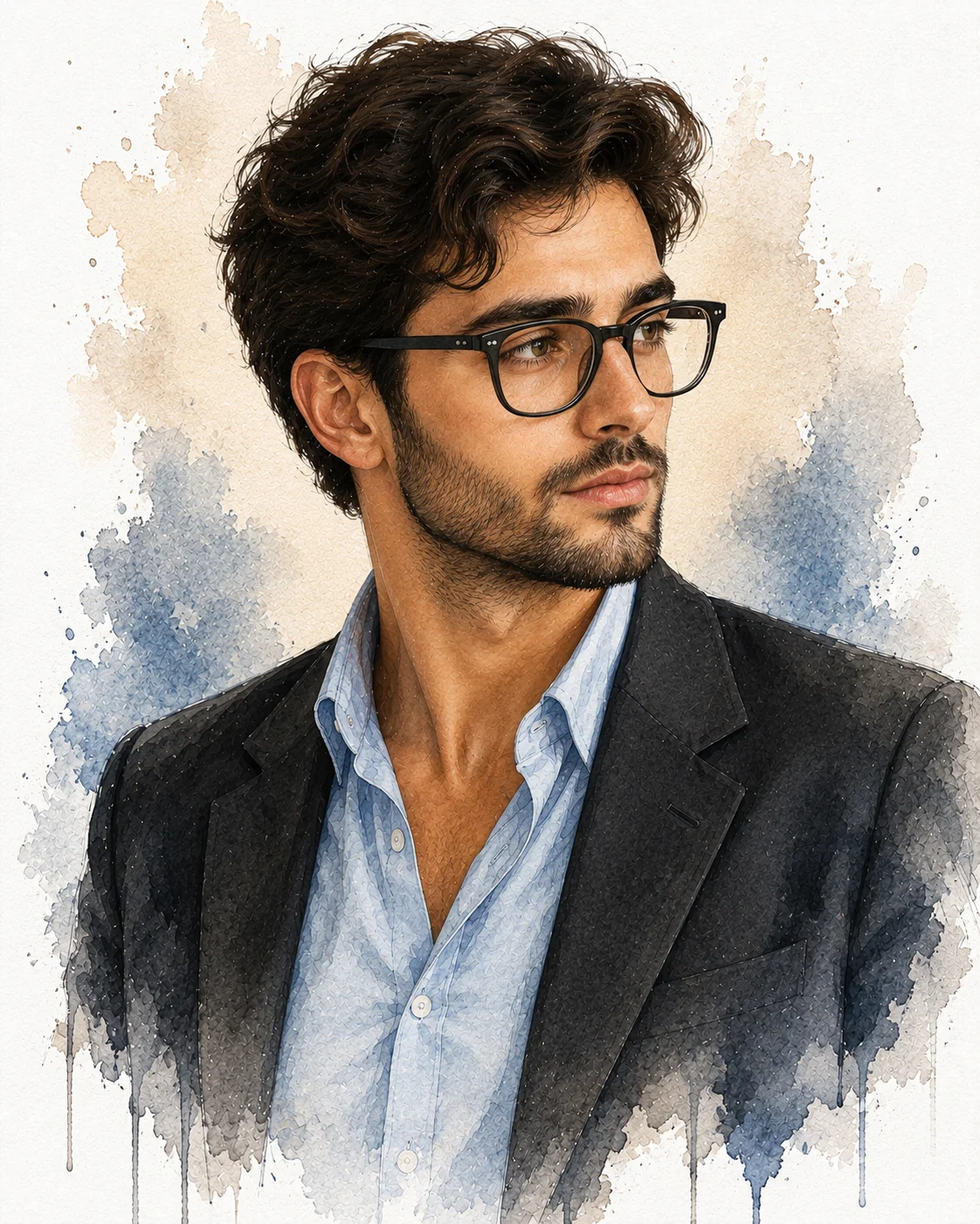 Charcoal Blazer Powder Blue Shirt Watercolor Executive Prompt AI generated prompt preview