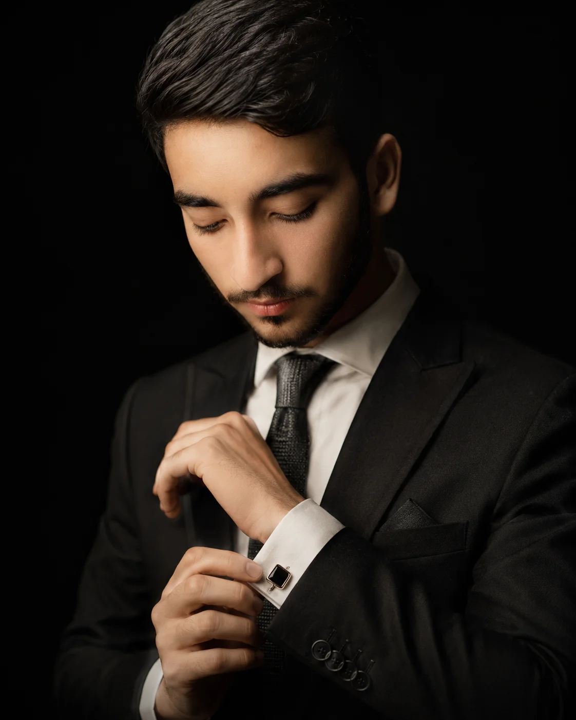 Charcoal Suit Silver Cufflink Grooming Portrait Prompt AI generated prompt preview
