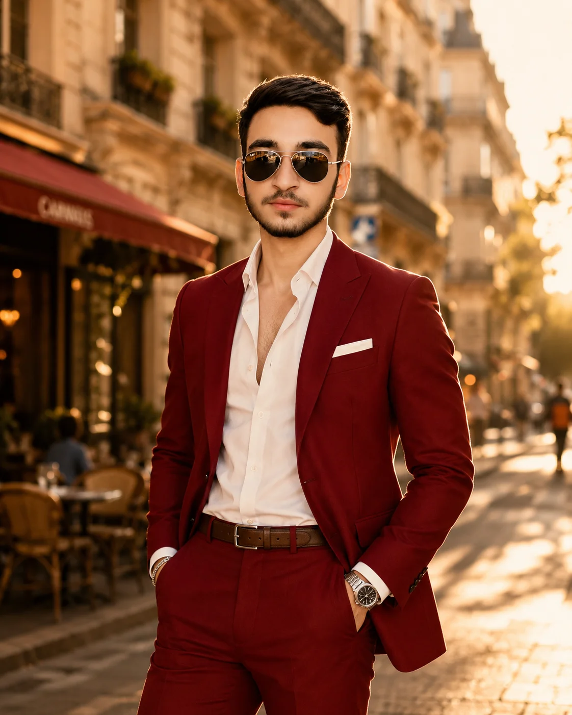 Deep Crimson Red Luxury Suit European Street Prompt AI generated prompt preview
