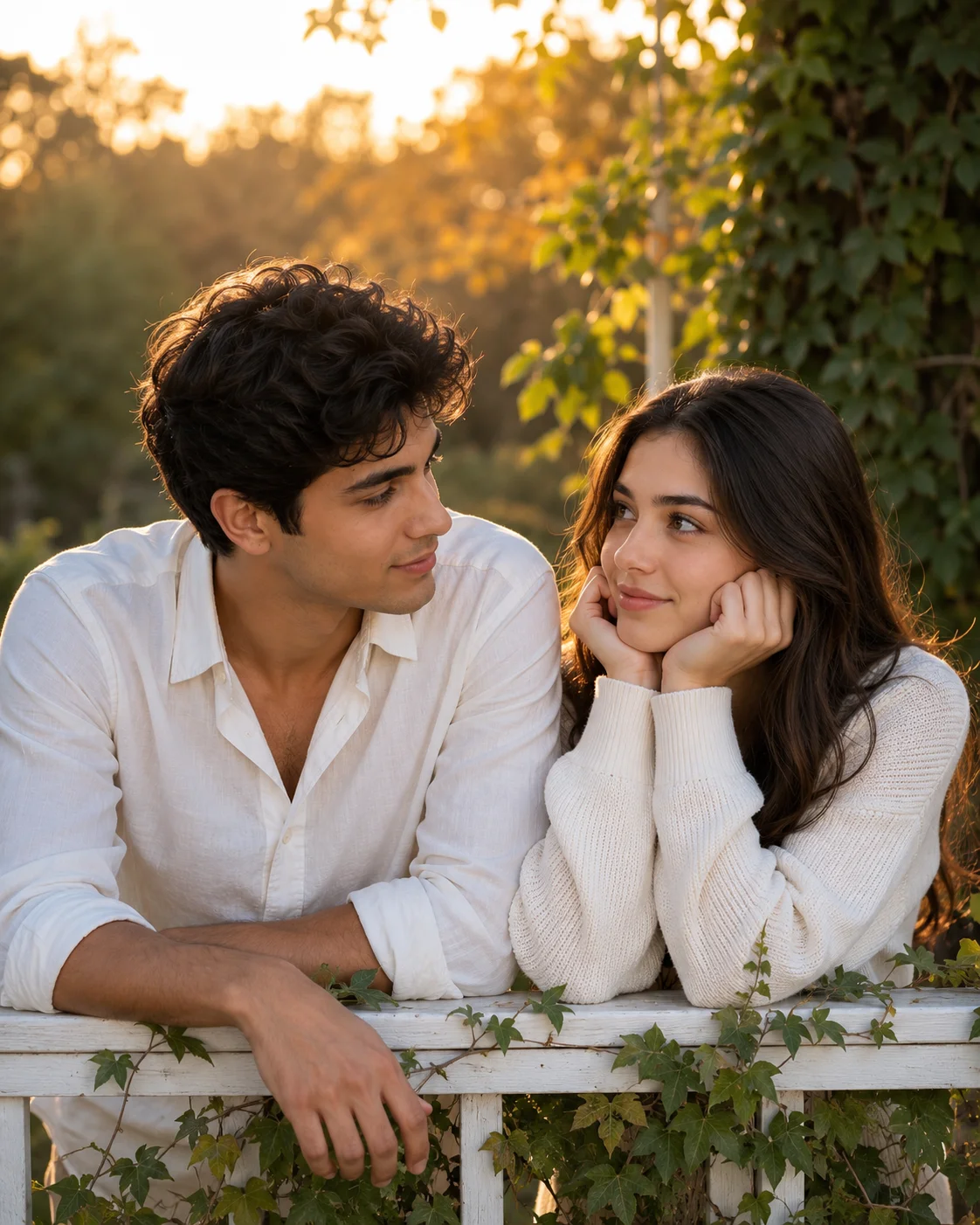 Golden Hour Botanical Garden Couple Portrait AI generated prompt preview