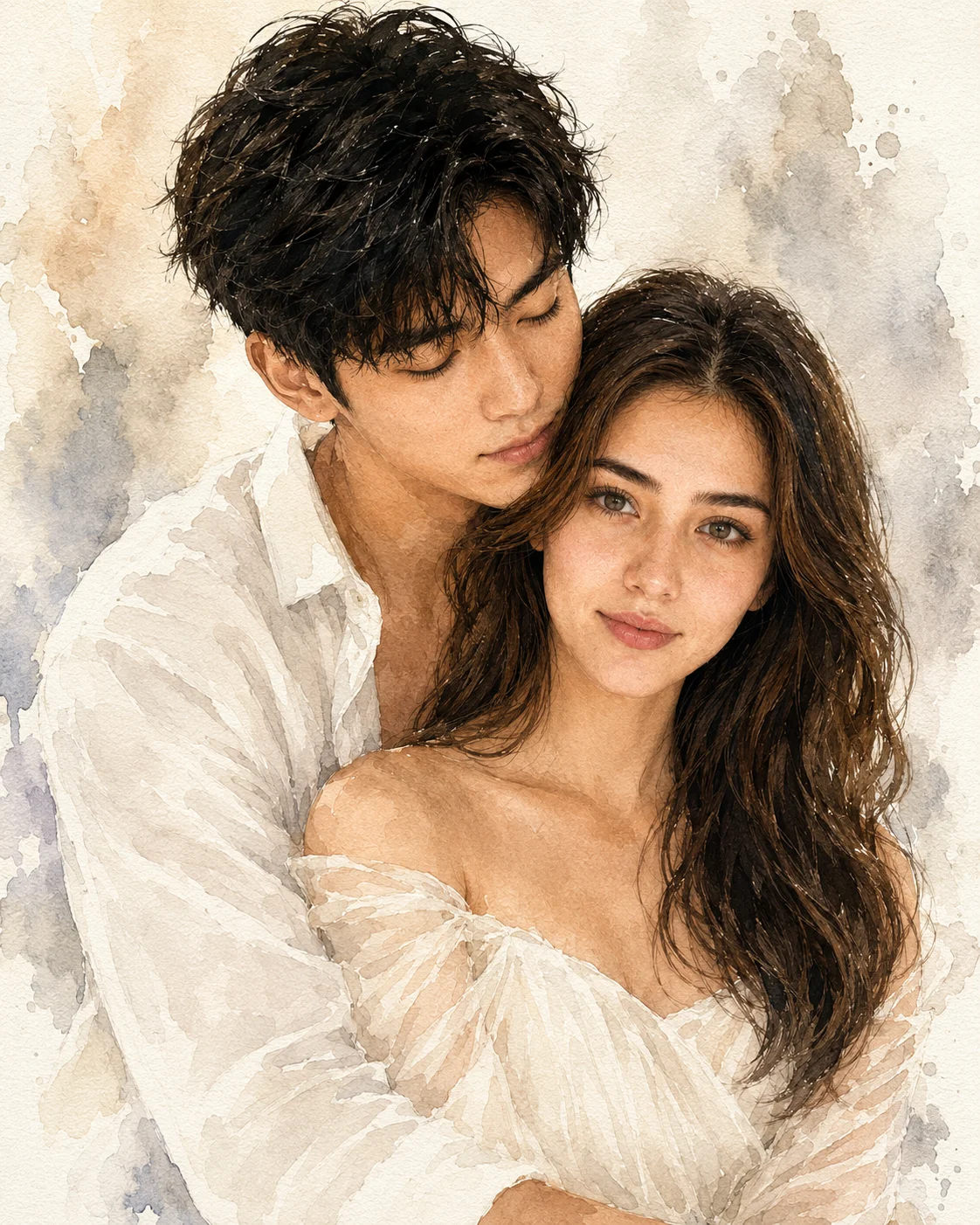 Luxury Fine Art Watercolor Couple Portrait AI generated prompt preview