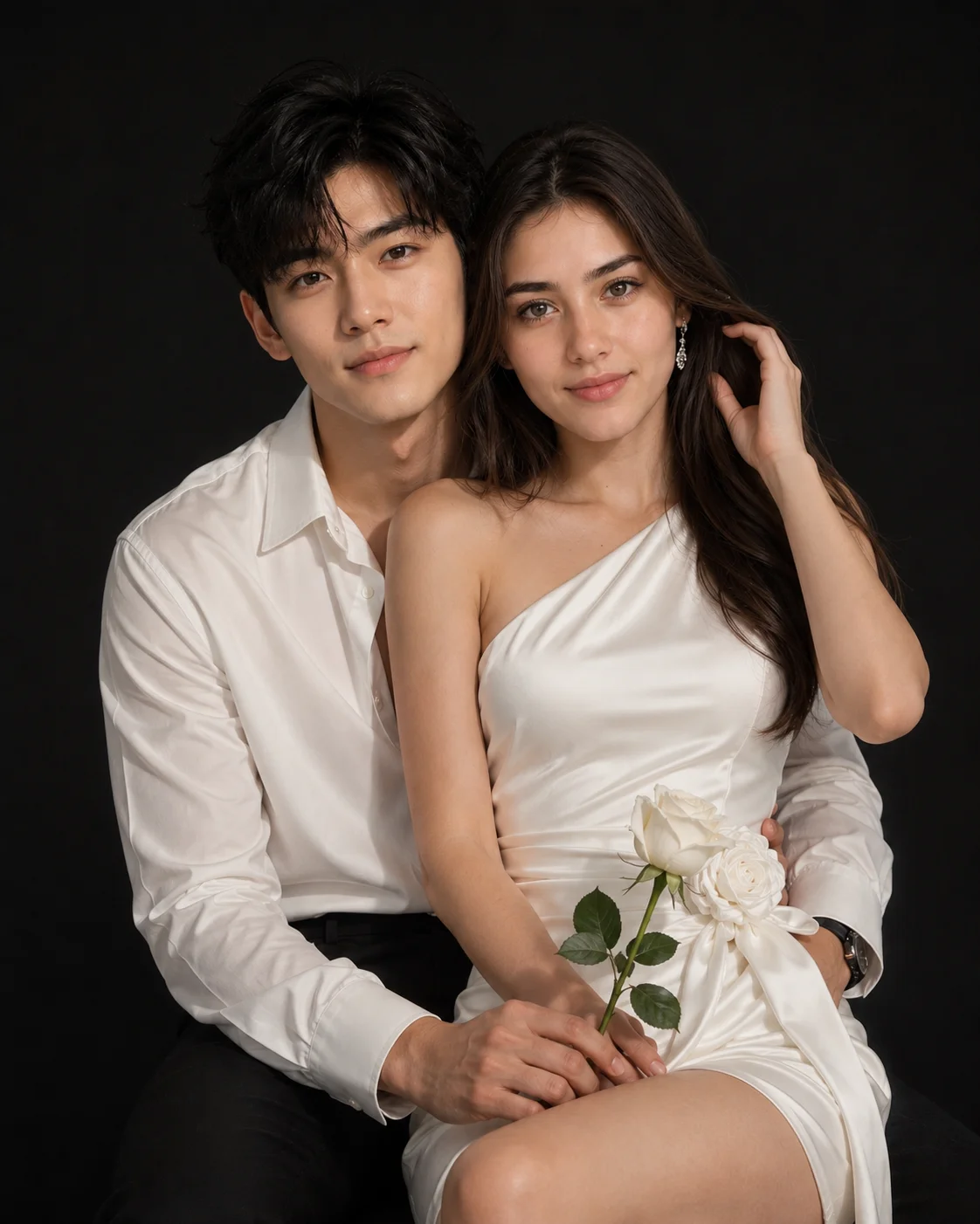 Luxury Korean Couple Studio White Rose Portrait AI generated prompt preview