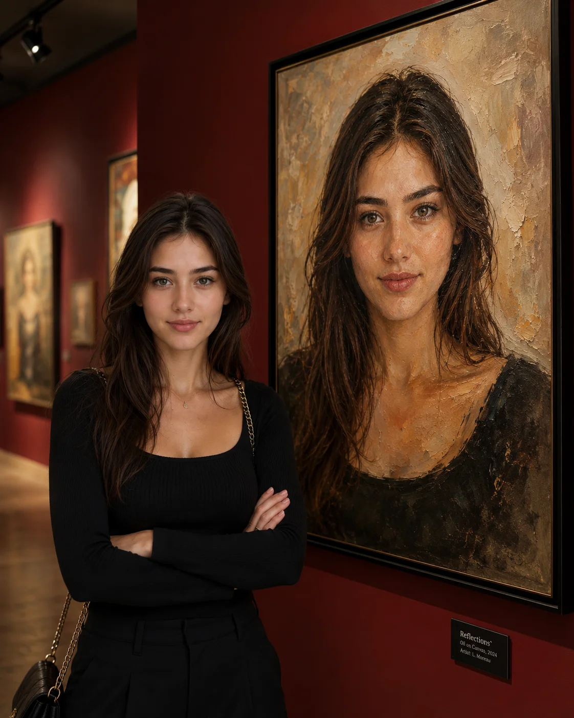 Modern Art Gallery Red Wall Oil Painting Portrait Prompt AI generated prompt preview