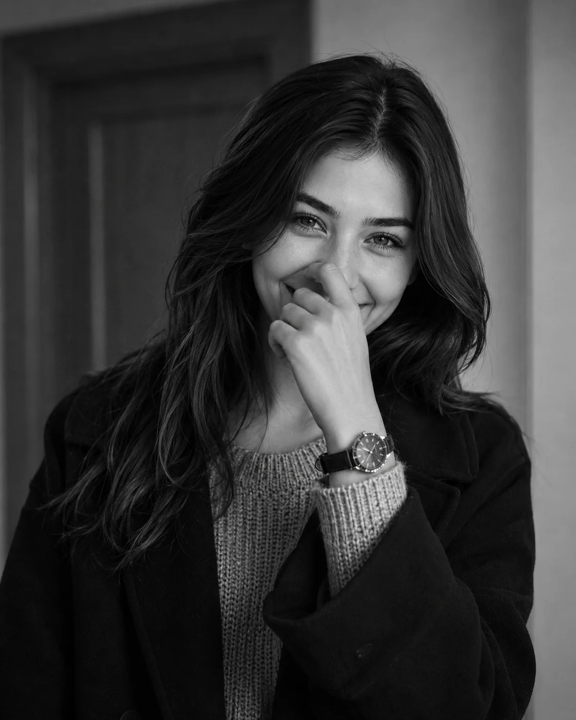 Monochrome Candid Shy Laughing Chunky Knit Portrait Prompt AI generated prompt preview