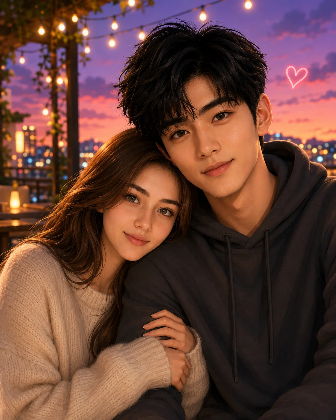 Pixar Style Sunset Cafe Terrace Couple Illustration AI generated prompt preview