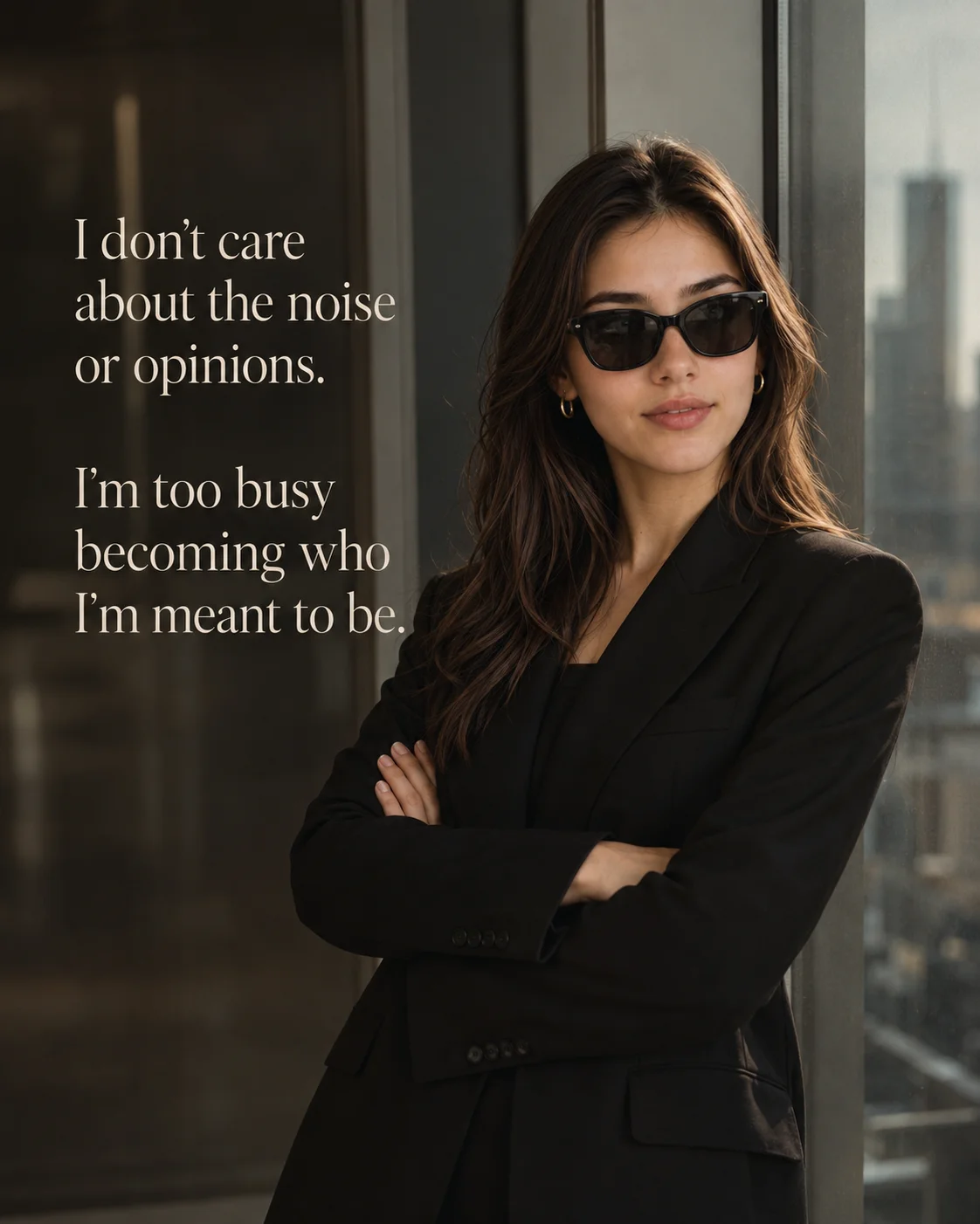 Quiet Luxury Blazer Window Silhouette Powerful Quote Poster Prompt AI generated prompt preview
