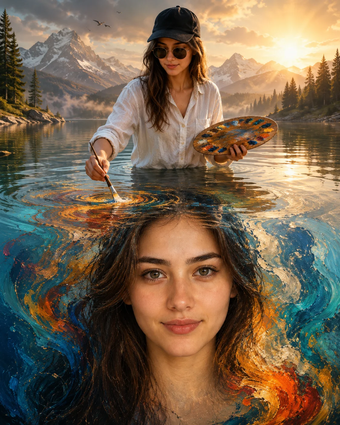 Surreal Alpine Lake Dual Exposure Canvas Painting Prompt AI generated prompt preview