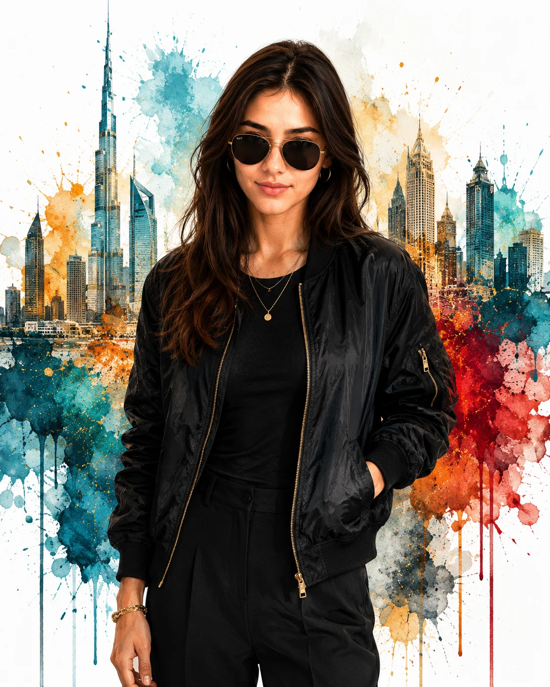 Vibrant Watercolor Skyline Bomber Jacket Portrait Prompt AI generated prompt preview
