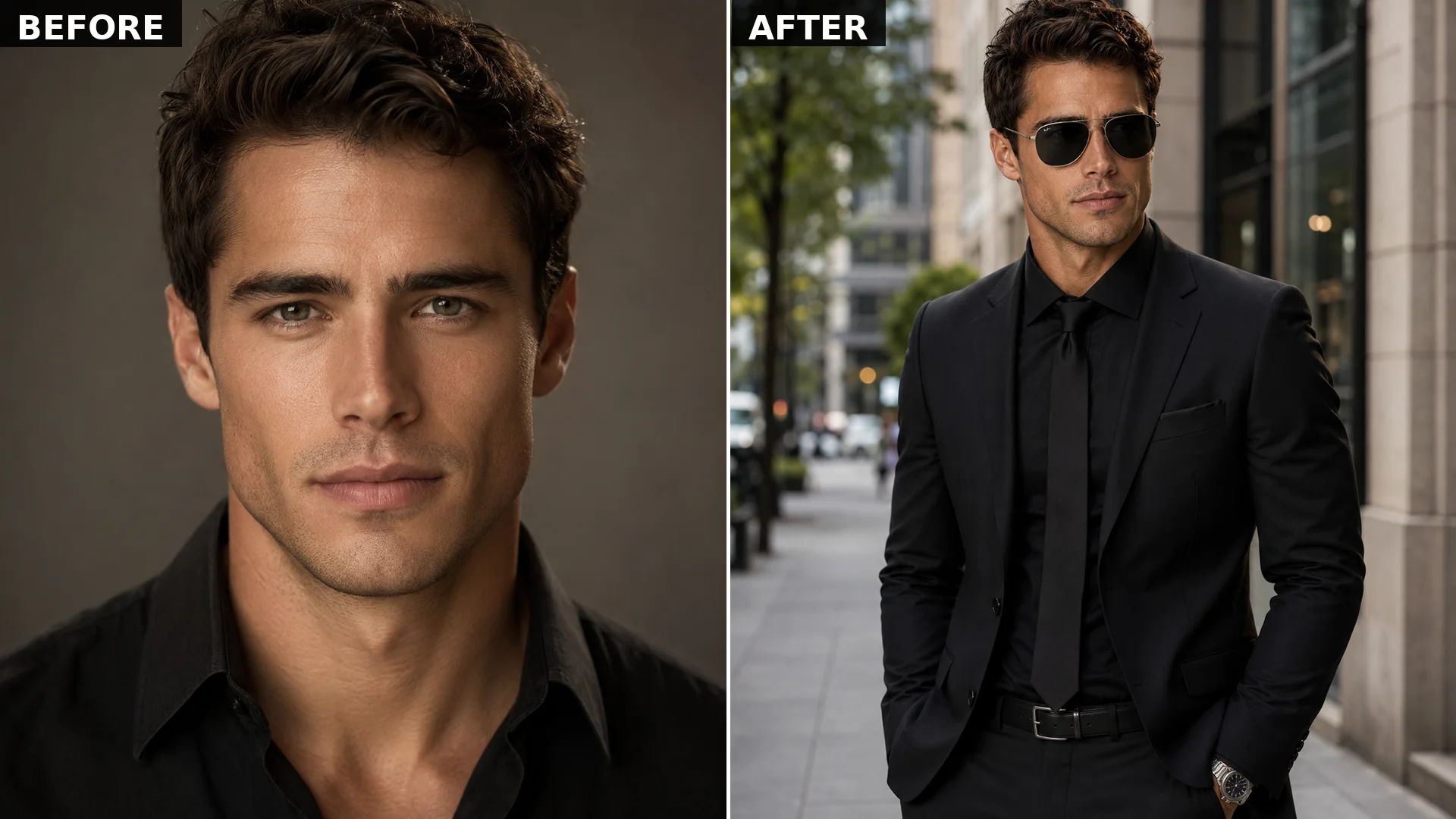 All-black executive AI portrait on a modern city street