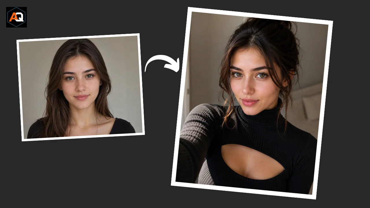 Adult woman taking a close-up selfie in a black ribbed high-neck top