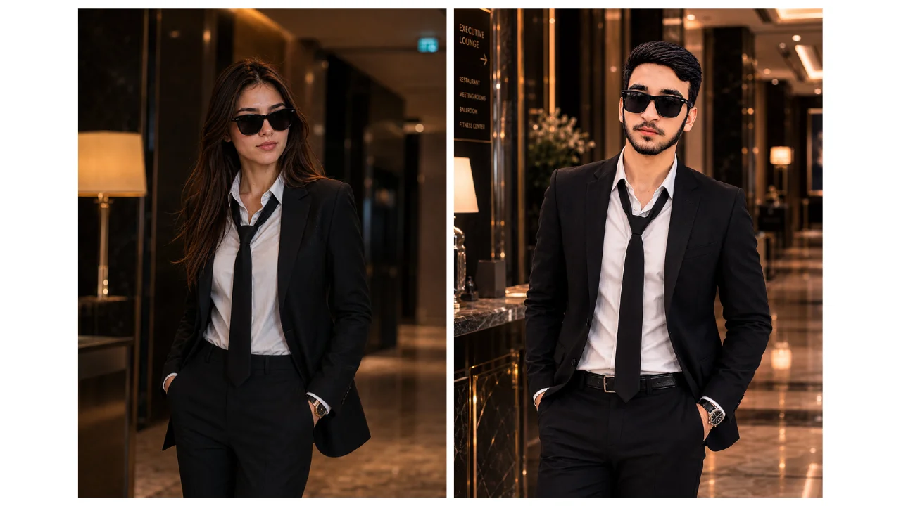 Adult man in a dark blazer standing in a softly lit luxury corridor